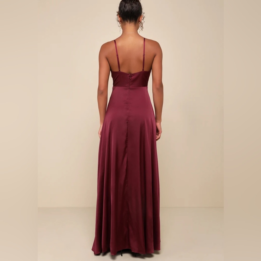 Lulu’s Ode To Love Faux Wrap Sleeveless Satin Maxi Dress Full Skirt Burgundy M - Picture 3 of 12